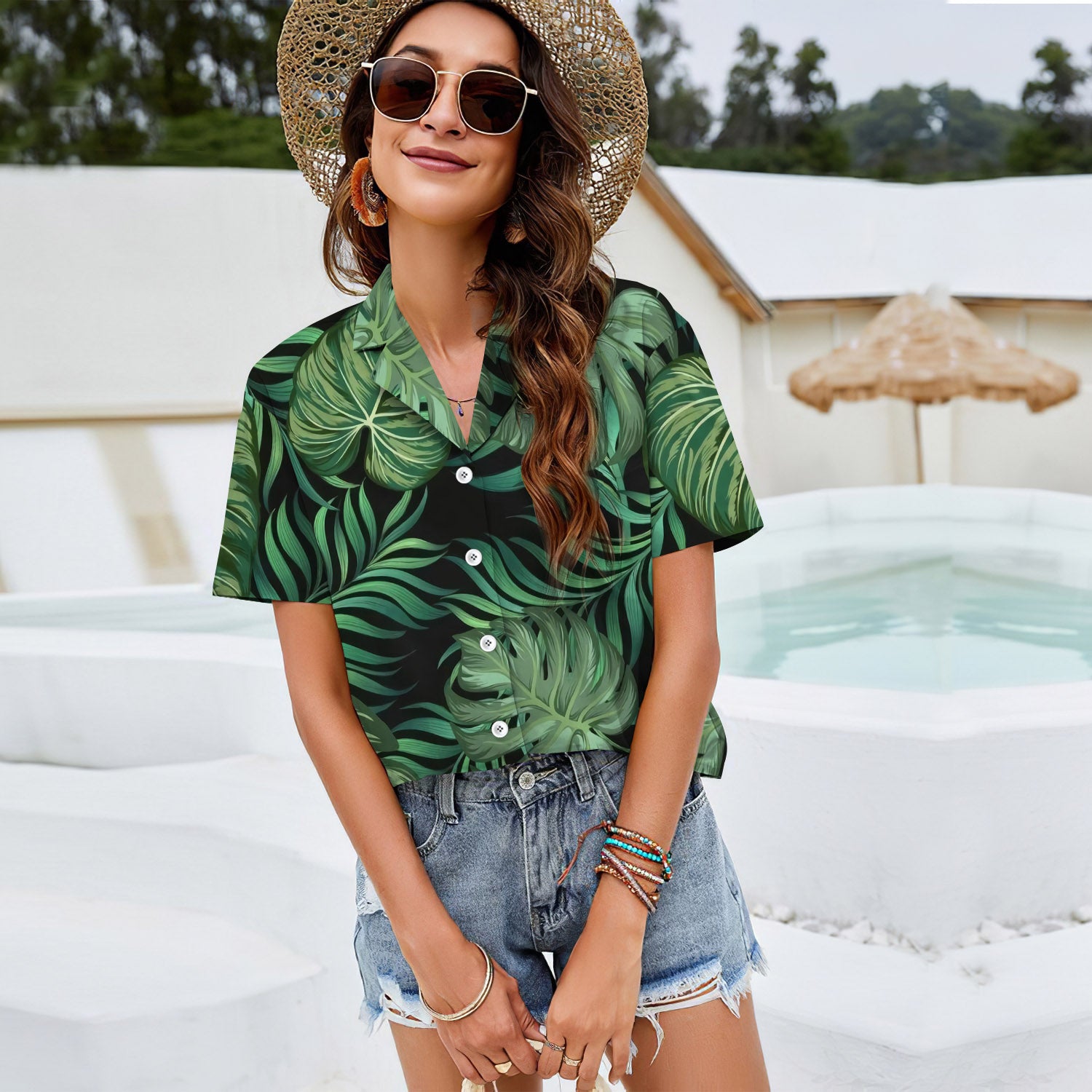 Green Fresh Tropical Palm Leaves Women Casual Shirt |Hawaiian Shirt | Short Sleeve Shirt